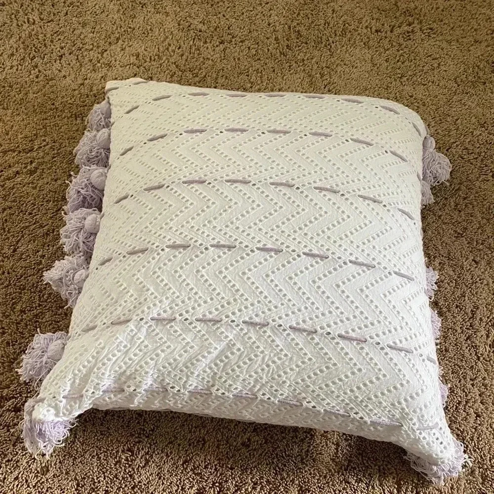 Anthropologie tasseled eyelet lavender pillow white purple tassels 22x22 square
